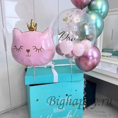 Коробка – сюрприз с воздушными шарами «Котёнок Принцесса» фото