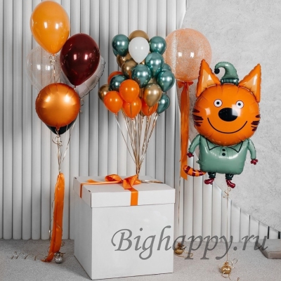 Коробка – сюрприз с воздушными шарами в стиле «Три кота» фото