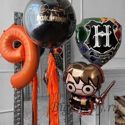 Композиция шаров &quot;Гарри Поттер, герб Хогвардса и стеклянный шар&quot; фото