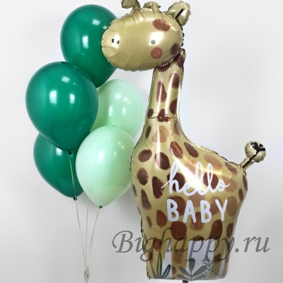 Композиция из шаров с жирафом для малышей в натуральных оттенках
