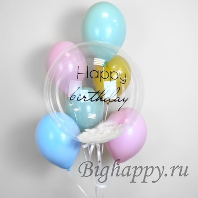 Bubble-шар с перышками и Вашей надписью и связка конфетных шаров фото