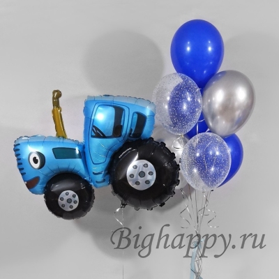 Воздушные шарики &quot;Синий трактор&quot; с фонтаном ярко-синих шаров и шаров с конфетти фото