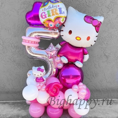 Ярко-розовая композиция из шаров в стиле Hello Kitty с цифрой фото