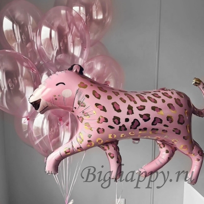 Связка розовых прозрачных шаров и розовая пантера фото