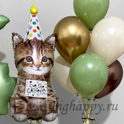 Набор воздушных шаров с гелием на день рождения «Котёнок в колпаке»