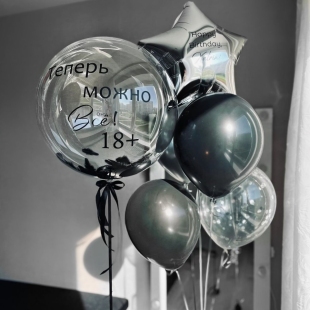 Шарики на 18 лет &quot;Теперь можно все 18+&quot; с прозрачным шаром с перьями фото