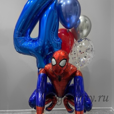 Воздушная композиция в стиле &quot;Человек-паук&quot; с большим ходячим шаром фото