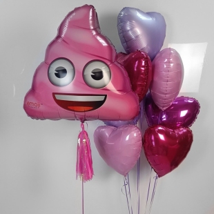 Юмористическая композиция шаров с розовым смайликом какашкой фото