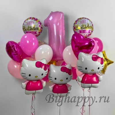 Композиция из воздушных шаров с гелием в стиле «Hello Kitty»