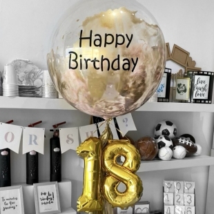 Баблс-шар с краской, гирляндой тассел, 2 мини-цифрами и Вашей надписью фото