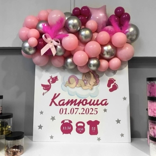 Открытка на выписку из роддома девочки, с розовыми воздушными шарами фото