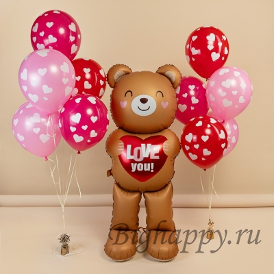 Большой 3Dшар Мишка с сердцем, 155 см