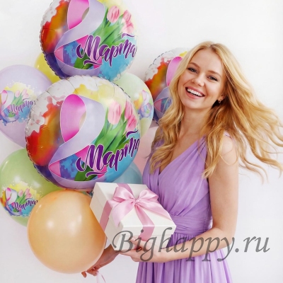 Круглый фольгированный шар на 8 Марта с тюльпанами